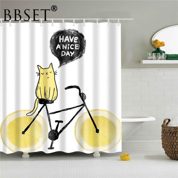 

funny animals shower curtain yellow kitten riding bicycle pattern waterproof multi-size douchegordijn bathroom decor with hooks curtains