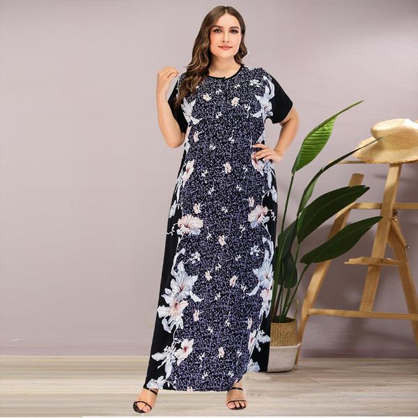 

plus size dress summer women camis elegant vintage print maxi long o neck short sleeve navy blue clothing big, White