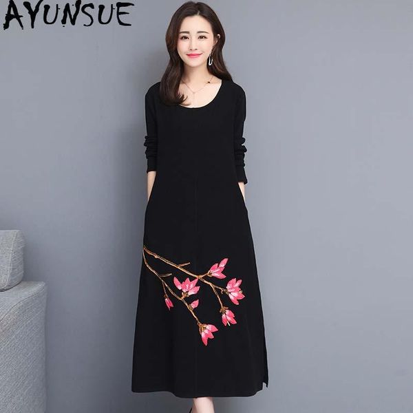 

casual dresses ayunsue 2021 spring summer long dress women black plus size floral elegant korean vestidos de mujer kj1995, Black;gray
