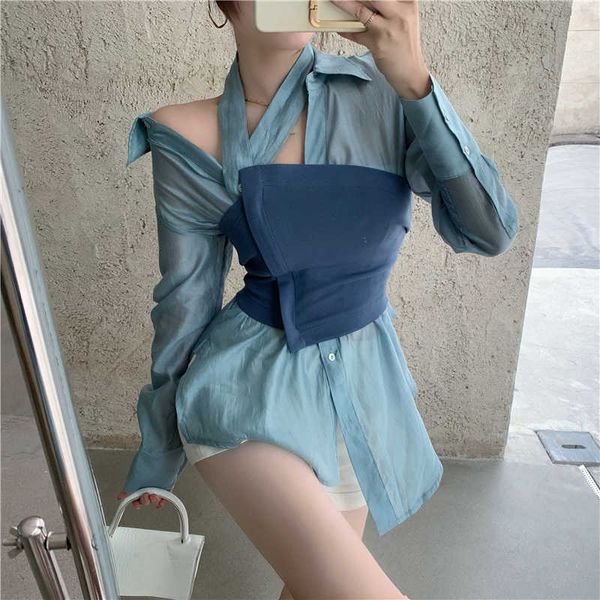 

summer fashion women two-piece sets long sleeve shirt +tube short 210531, White