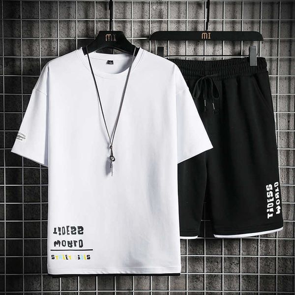 

mens sets 100%cotton summer tracksuit men short sleeve t-shirt +shorts set fashion sportswear male 2 piece sweatsuit breathable 210714, Gray