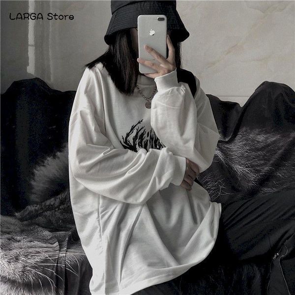 

bottoming shirt equipped with female autumn korean ins retro printing wild loose bf round neck long-sleeved t-shirt white women's