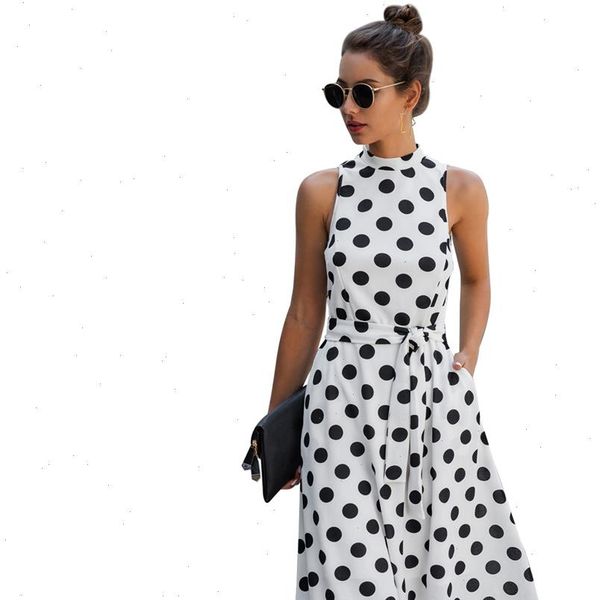 

ladies women dress summer polka dot print sleeveless casual party loose a line sundress midi, Black;gray