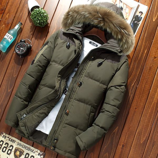 

winter men's thick hooded down jacket casual mens solid color white duck coat with fur collar male warm zipper outwear top, Black