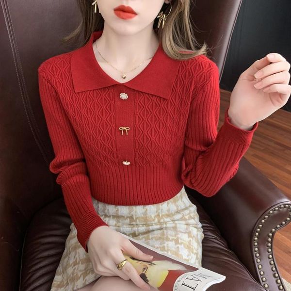 

women's sweaters fashion bow contrast lapel sweater autumn and winter 2021 temperament slim bottoming shirt long sleeve, White;black