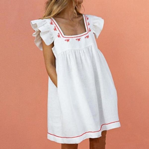

casual dresses square neck mini dress ruffle sleeve floral print large hem pockets women loose clothing 2021 summer, Black;gray