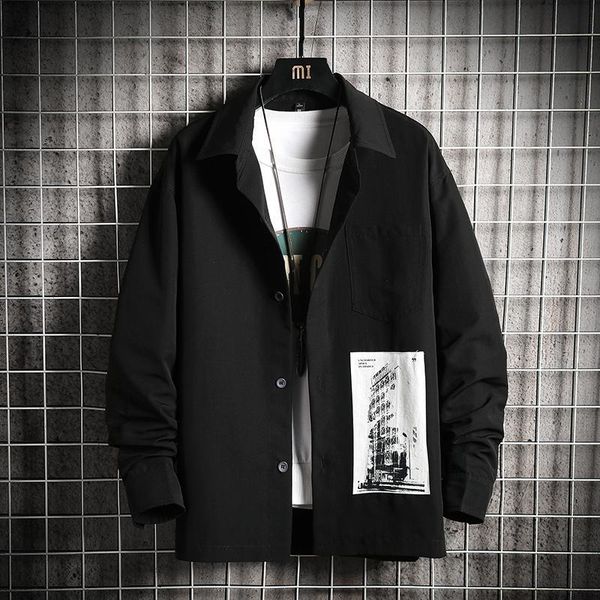 

men's spring print shirts men fashion black shirt jacket long sleeve blouse streetwear loose male casual, White;black