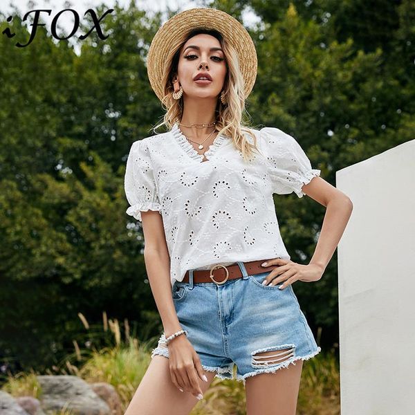 

women's t-shirt charming v neck short lantern sleeve women t shirt 2021 hollow out white street wear real po