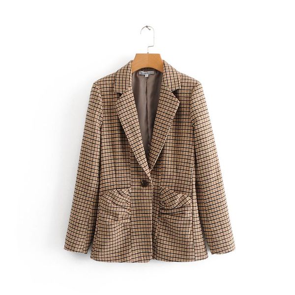 

women's suits & blazers 2021 women vintage plaid blazer for office ladies long sleeve formal jackets girls pleated pocket slim buckle c, White;black