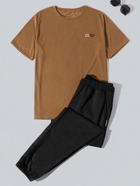 

men letter patched detail tee & sweatpants m4cx#, Gray