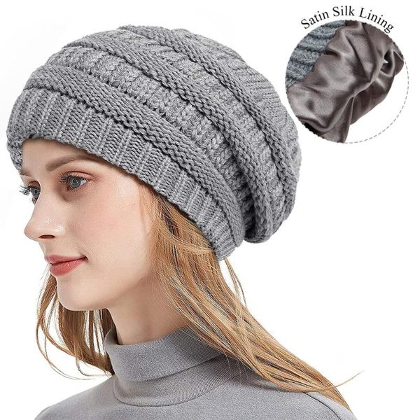 

beanies winter knit beanie hats for women silk satin lined chunky cap soft stretch cable warm slouchy