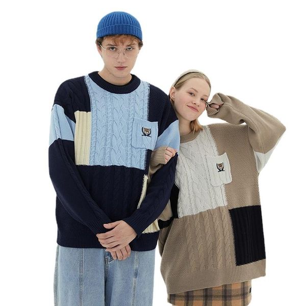 

men's sweaters spring and autumn sweater niche design color matching long sleeve round neck cable-knit retro, White;black