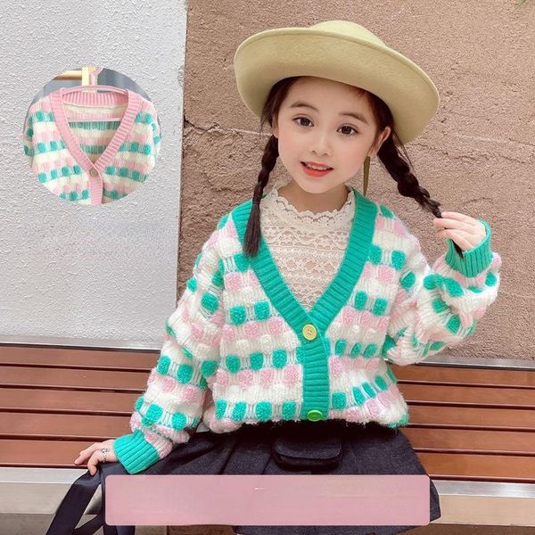 

pullover 2021 autumn winter kids girls single breasted v-neck knitted cardigan children clothing patchwork long sleeve sweaters t35, Blue
