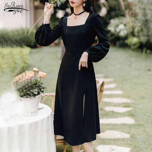 

french retro chiffon dress women robe black square collar elegant puff long sleeves waist-length clothing for ladies 13234 210521, Black;gray
