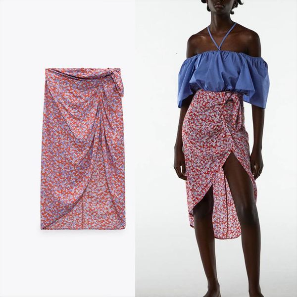 

za asymmetry summer floral print womens skirts wrap high waist knot red female fashion back zip elegant long, Black