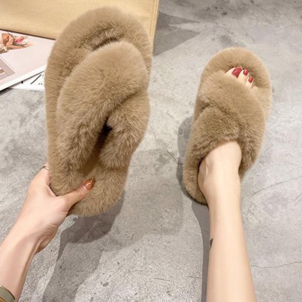 

slippers fluffy fur women winter flat indoor shoes warm furry plush for home soft slides outdoor female slipper, Black