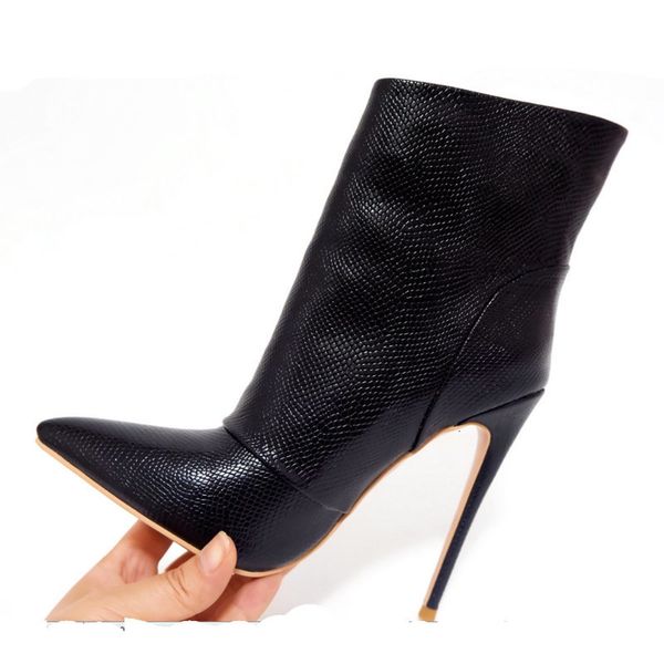 

dress shoes women autumn winter super high heels ankle boots lady faux leather pointed toe fashion slip on calf otah, Black