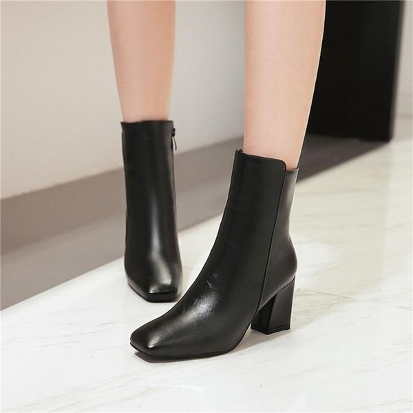 

boots 2021 winter women's short high heels large thick leather zipper, Black