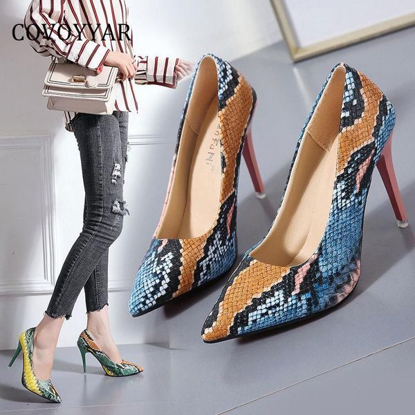 

dress shoes covoyyar women high heels snake print pointed toe 10cm heel stilettos fashion slip on lady pumps whh310, Black