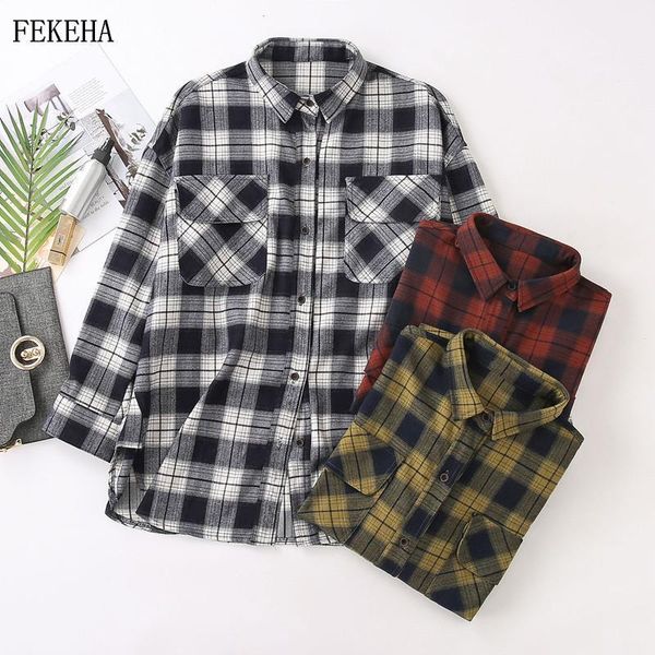 

plaid shirts women blouses loose long sleeve two pockets oversized female clothes outwear good quality spring s women's, White