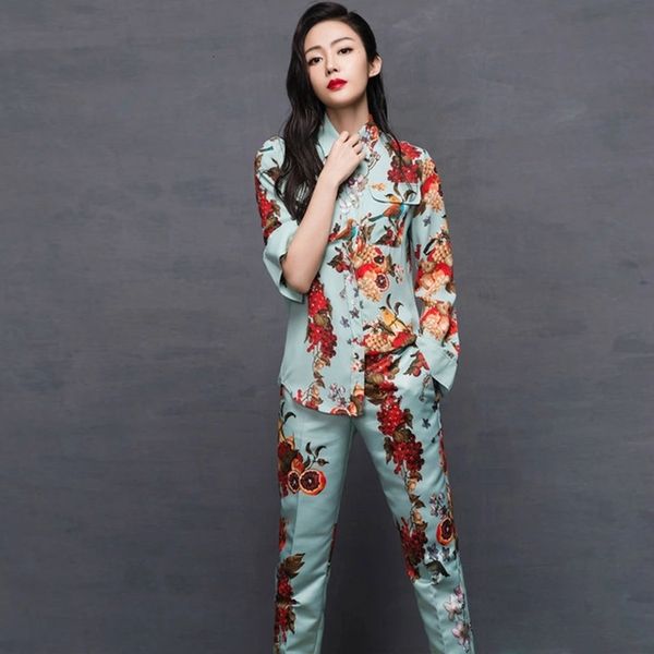 

women's two piece pants european and american stars with the same paragraph lapel printed long-sleeved shirt + straight trousers two-pi, White