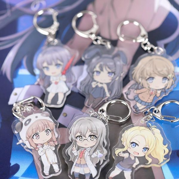 

keychains 6pcs anime seishun buta yaro acrylic toys figure sakurajima mai cosplay keyrings girl bags pendants key chain, Silver