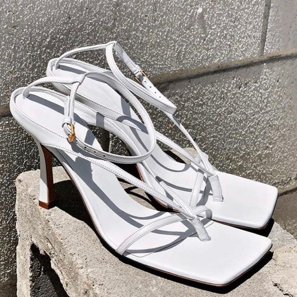 

square toe sandals women's shoes thin heel head strap word strip, Black