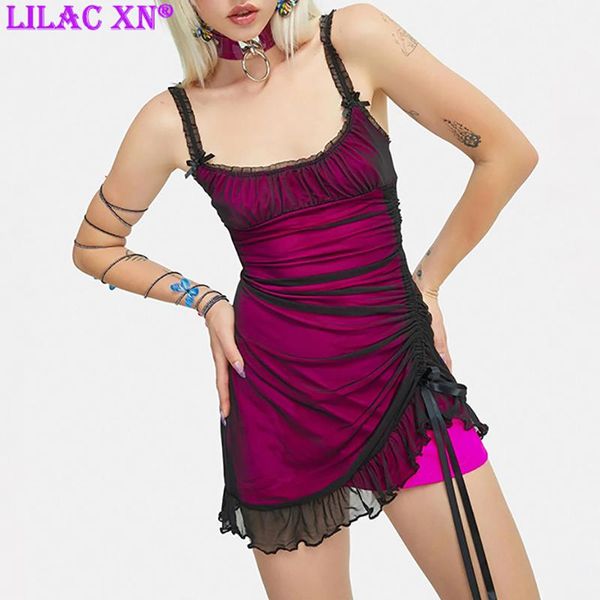 

casual dresses lace trim pleated slim bodycon mini dress goth harajuku rose red mesh shirring high waist party women summer, Black;gray