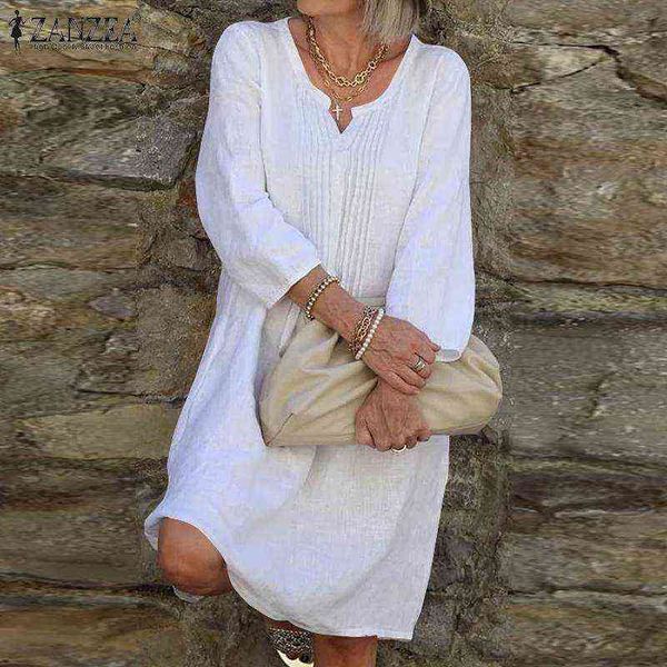 

zanzea women autumn elegant 3/4 sleeve solid color cotton shirt dress casual loose work ol knee-length vestidos pleated sundress y220214, Black;gray