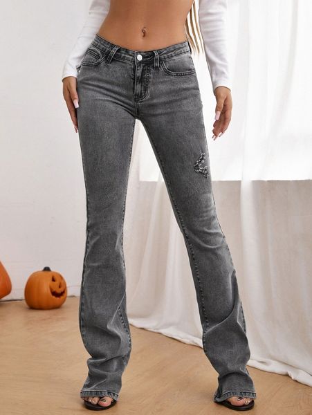 

solid ripped flare leg jeans r1pq#, Blue