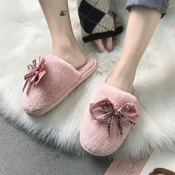 

women plush slipper autumn winter butterfly-knot faux fur shoes flat slides solid color fashion warm home ladies cotton slippers, Black