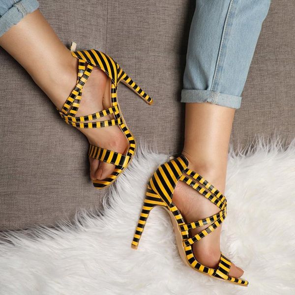 

sandals fashion leisure striped women thin heels cross-strap super high cover heel shoes summer buckle strap w4de, Black