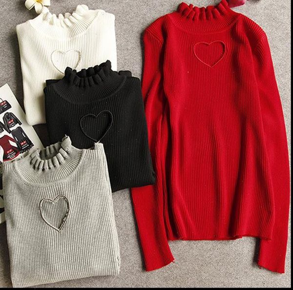 

love heart hollow women sweater out bottoming shirt knitted sweaters full sleeve ruffles neck drop high quality, White;black