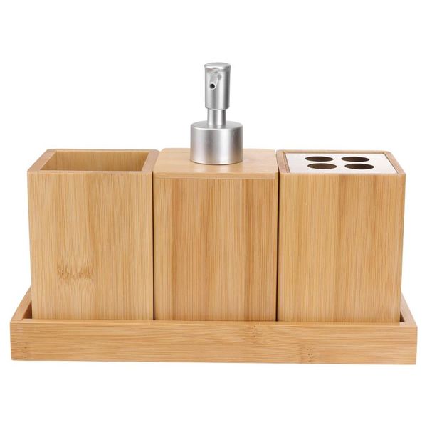 

bath accessory set 4pcs bamboo wood bathroom luxury essentials toothbrush holder bottle family accessories