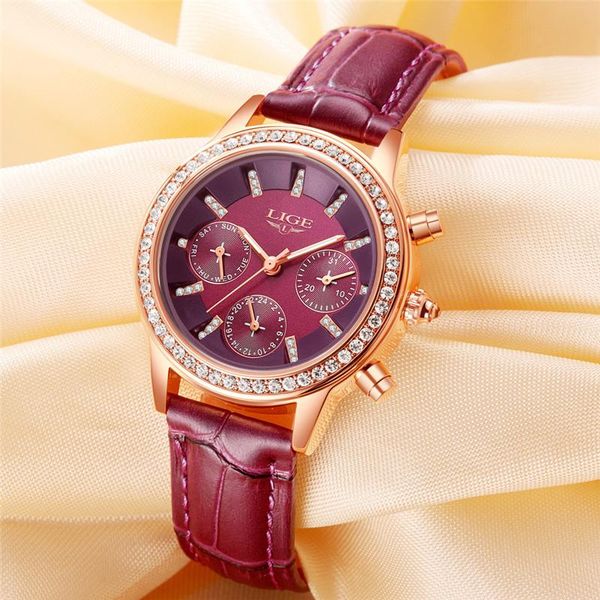 

wristwatches lige women watch fashion casual leather quartz ladies diamond dress watches female gift relogio feminino, Slivery;brown