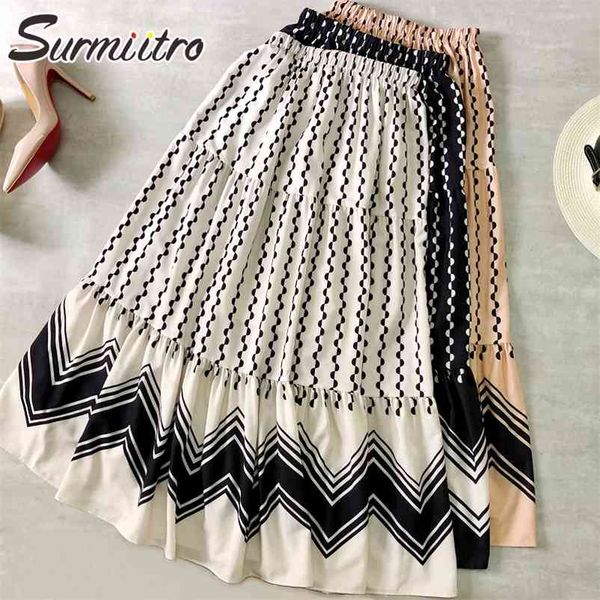 

spring summer long skirt women korean style black white striped sun school high waist midi a line female 210421