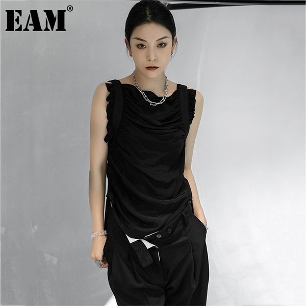 

[eam] women black pleated slim casual tank v-collar sleeveless personality fashion spring summer 1dd7729 210705, White
