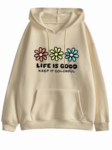 

slogan & floral print kangaroo pocket drawstring thermal hoodie 80jp#, White;black