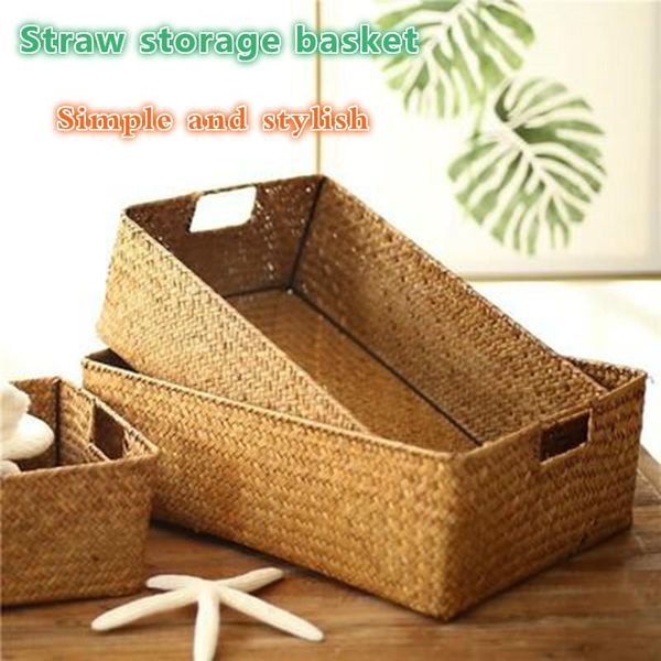 

storage baskets hand-woven basket grass woven rectangular rattan wicker container clothing sundries organizer cosmetic box