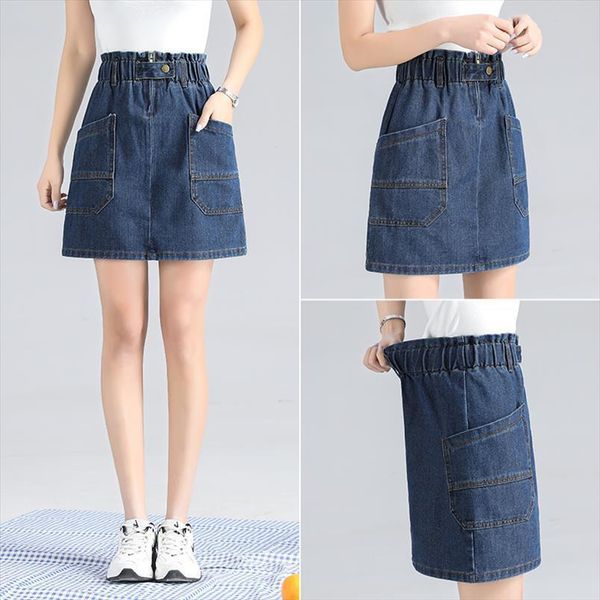 

students elastic waist denim high women skirt button pockets split jeans straight plus size a line, Black