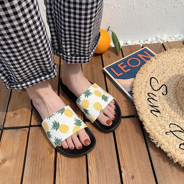 

women summer slippers 2021 fashion casual beach slides cute pineapple print comfortable lady slip on, Black