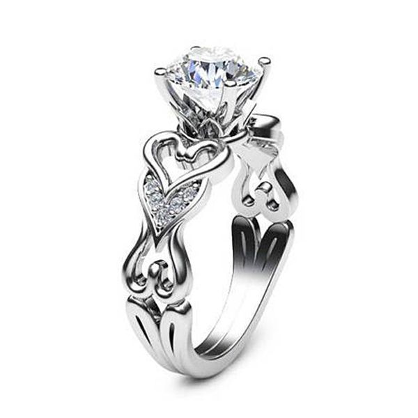 

wedding rings silver color ring european retro openwork heart crystal engagement tail for gift women cz party jewelry, Slivery;golden