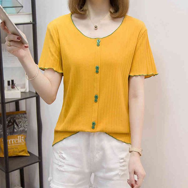 

women's t-shirt plus size v-neck short sleeve elastic women korean fashion button patchwork knitted tee summer knitwear femal, White