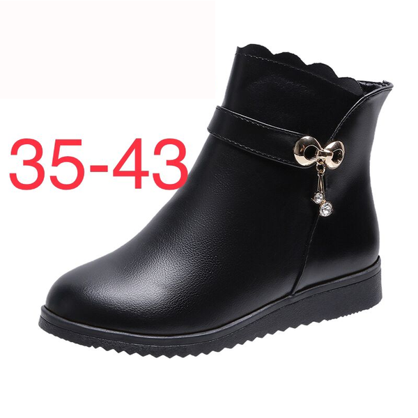 

boots fashion winter black shoes zipper pu leather warm plush ankle non-slip fur snow flat big size 35-43