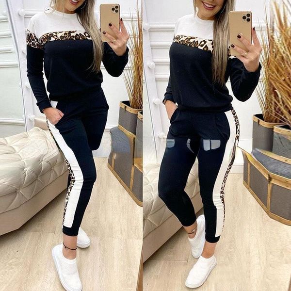 

women's two piece pants casual long sleeve round neck sweater pullover seam + 2021 leopard print, White