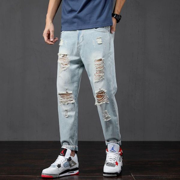 

men's jeans 2021 fashion streetwear light blue designer pencil pants loose hip-hop beggars plus size 42