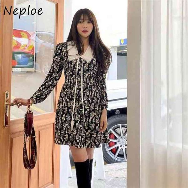 

sweet peter pan collar long sleeve dress women high waist hip a line print vestidos spring robe feminino 210422, Black;gray