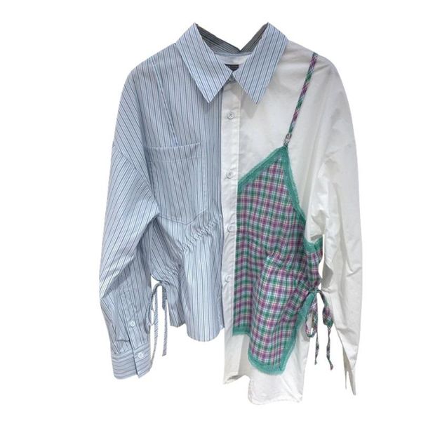 

women's blouses & shirts [ewq] korea fashion casual lapel stripe fight color stitching lace-up blouse loose blue shirt women summer 202, White