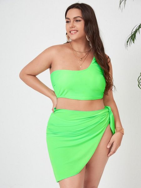 

3pack plus one shoulder bikini swimsuit & beach skirt x7i8#, Black
