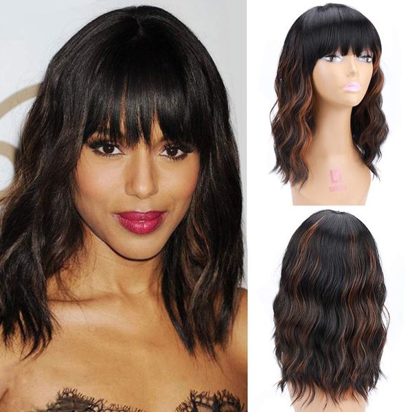 

woemns short wave hair synthetic bob middle part wig wiht bangs shoulder length fashion wigs for women cosplay, Black